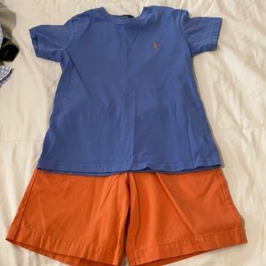Matching polo tee with orange shorts